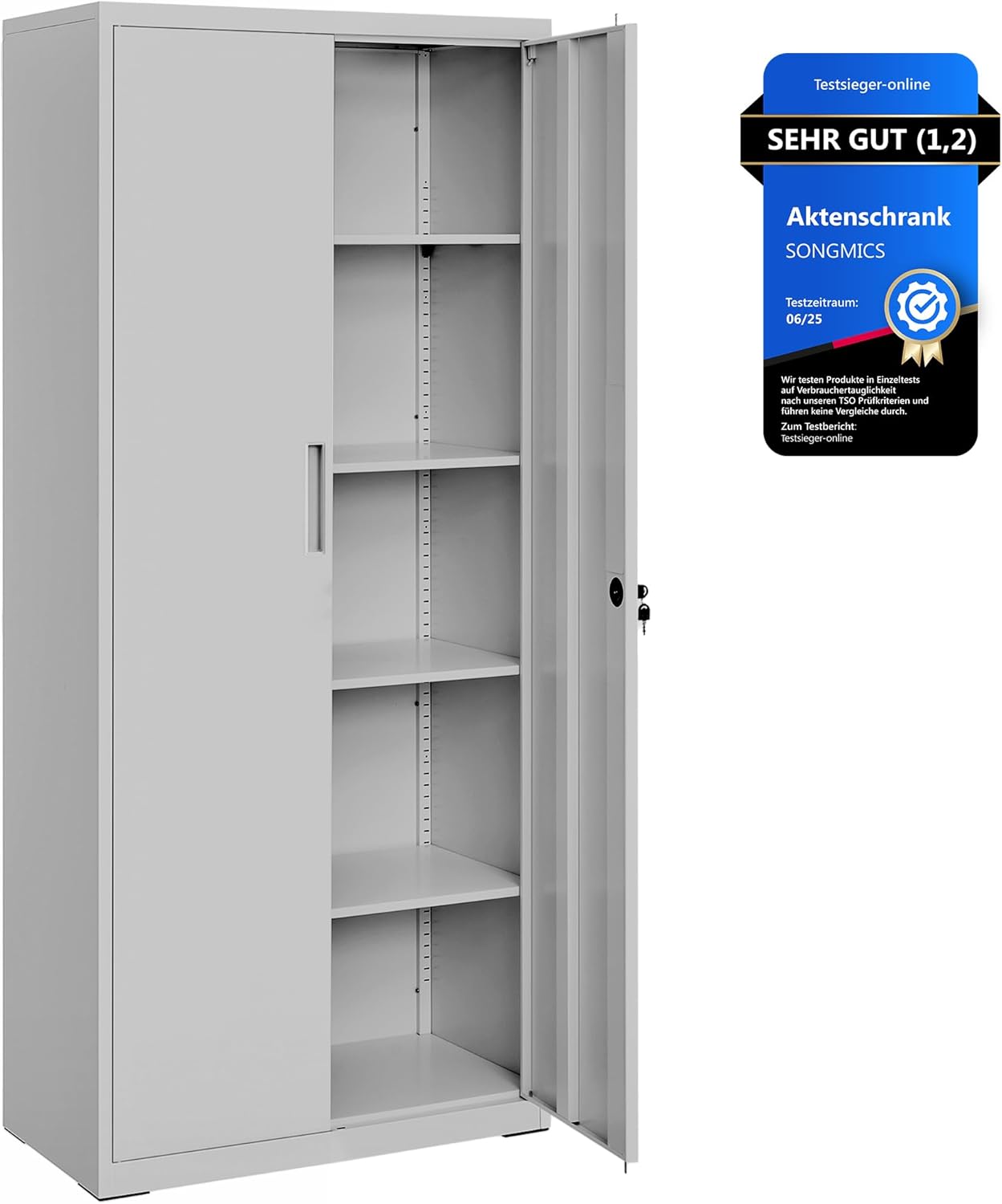 SONGMICS Aktenschrank, Mehrzweckschrank, Stahl-Aufbewahrungsschrank, 5 Ebenen, Doppeltüren, Schloss, Werkzeugschrank, verstellbare Ablagen, Garage, Büro, Wohnzimmer, grau OMC015G01