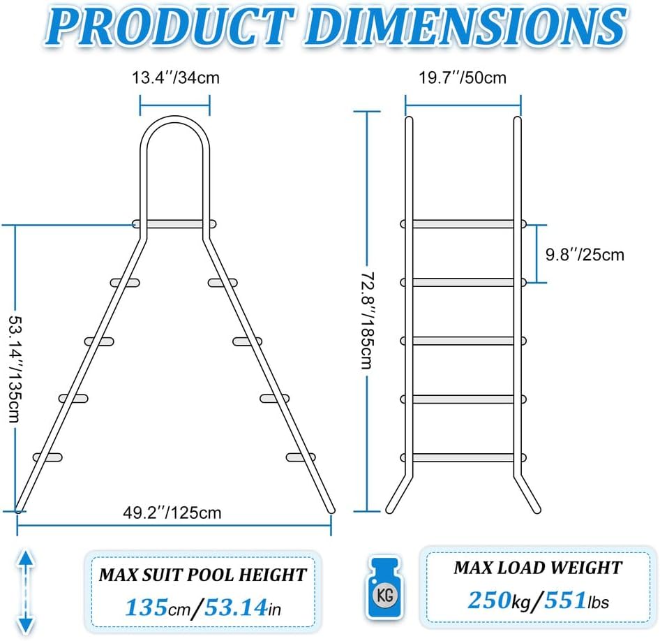 4 Stufige Poolleiter Edelstahl, Pooltreppe für Aufstellpool, Poolleiter 132 cm Poolhöhe, Pool Treppe, Poolstufen für Aufstellpools, Schwimmbadleiter Poolleitern 250 kg Tragkraft