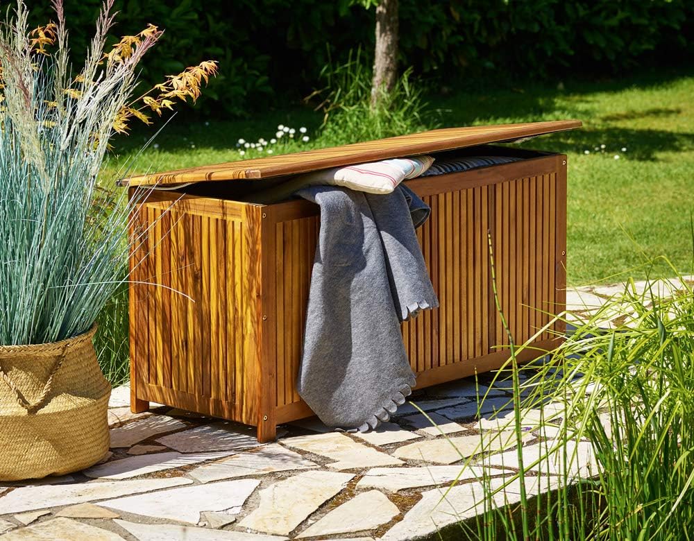 Casaria® Gartenbox Holz Akazie 205L Deckel 160kg Belastbarkeit Wetterfest Auflagenbox Aufbewahrungsbox Garten Balkon Wintergarten Sitztruhe 115x50cm