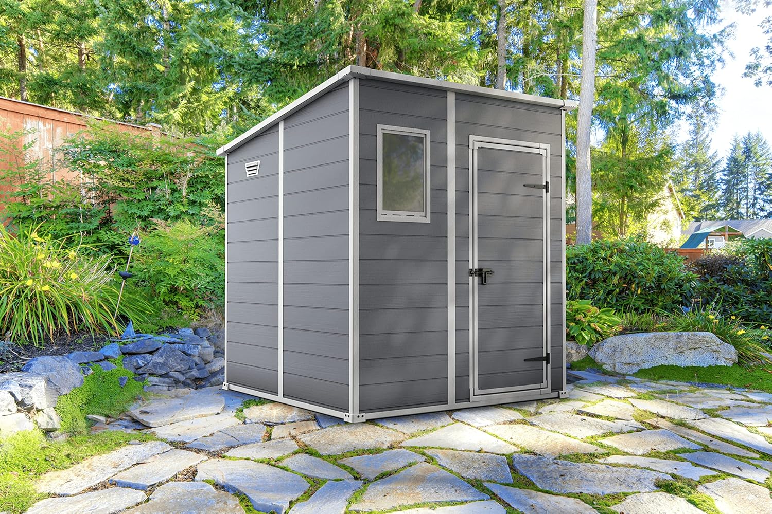 Keter Manor Pent 6x6 Gartenhaus, Außenmaße: 183cm x 185cm x 200cm, Innenmaße: 168cm x 168cm x 194cm, wetterfest, grau, Gerätehaus aus Kunststoff