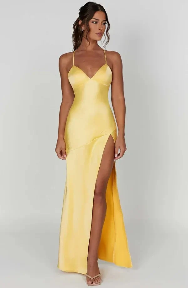 Damen Cocktail-Maxikleid aus Satin mit V-Ausschnitt und Schlitz