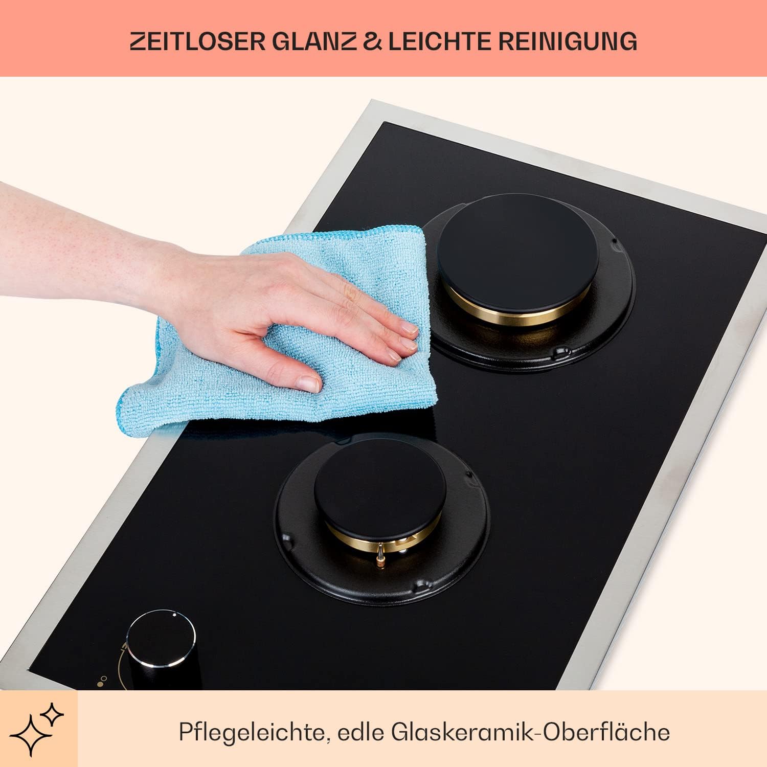 Klarstein Gasherd, Gaskochfeld 4 Flammig, Einbau-Gaskocher für Zuhause & Wohnmobil, Campingkocher mit Glasplatte, Gasherd für Propan- und Erdgas, Edelstahl Gas-Herdplatte Wok Brenner 8000 Watt