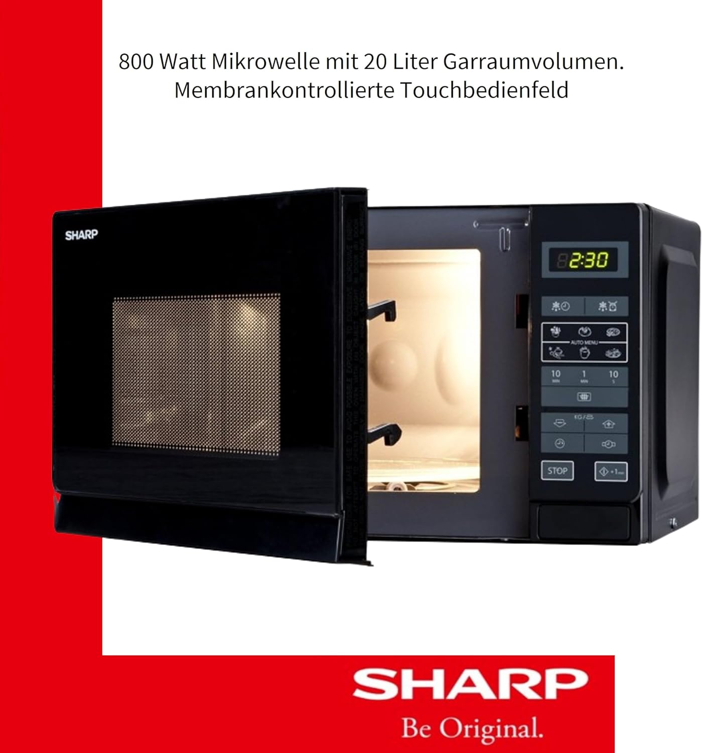 Sharp R242BKW Solo-Mikrowelle / 20 L / 800 W / 5 Leistungsstufen / 8 Automatikprogramme / Gewicht und zeitgesteuerte Auftauen / Kindersicherung / Energiesparmodus / Glasdrehteller (25,5 cm) / schwarz