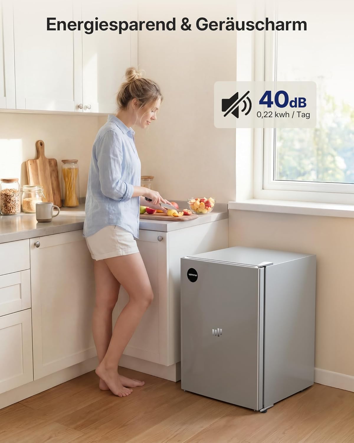 Upstreman 71L Kühlschrank Ohne Gefrierfach, 1-10°C 7-stufige Temperaturregelung, LED-Beleuchtung,40 dB Leise, Energiesparender Vollraumkühlschrank für Schlafzimmer Büro Küche, CR71-Silber