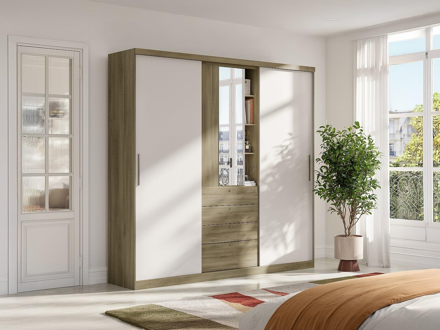Vente-unique -Wardrobe with 2 sliding doors - Mirror and drawers - L.240 cm - Natural and Ivory - BODIL II