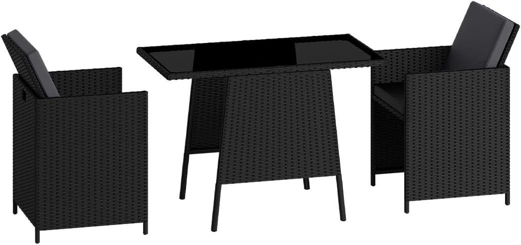 STEELSØN 3-TLG Garten-Essgruppe Xenara, Esstisch mit 2 Stühlen, Gartenmöbel Sitzgruppe Polyrattan mit Kissen, Gartenlounge, Balkomöbel Set, schwarz