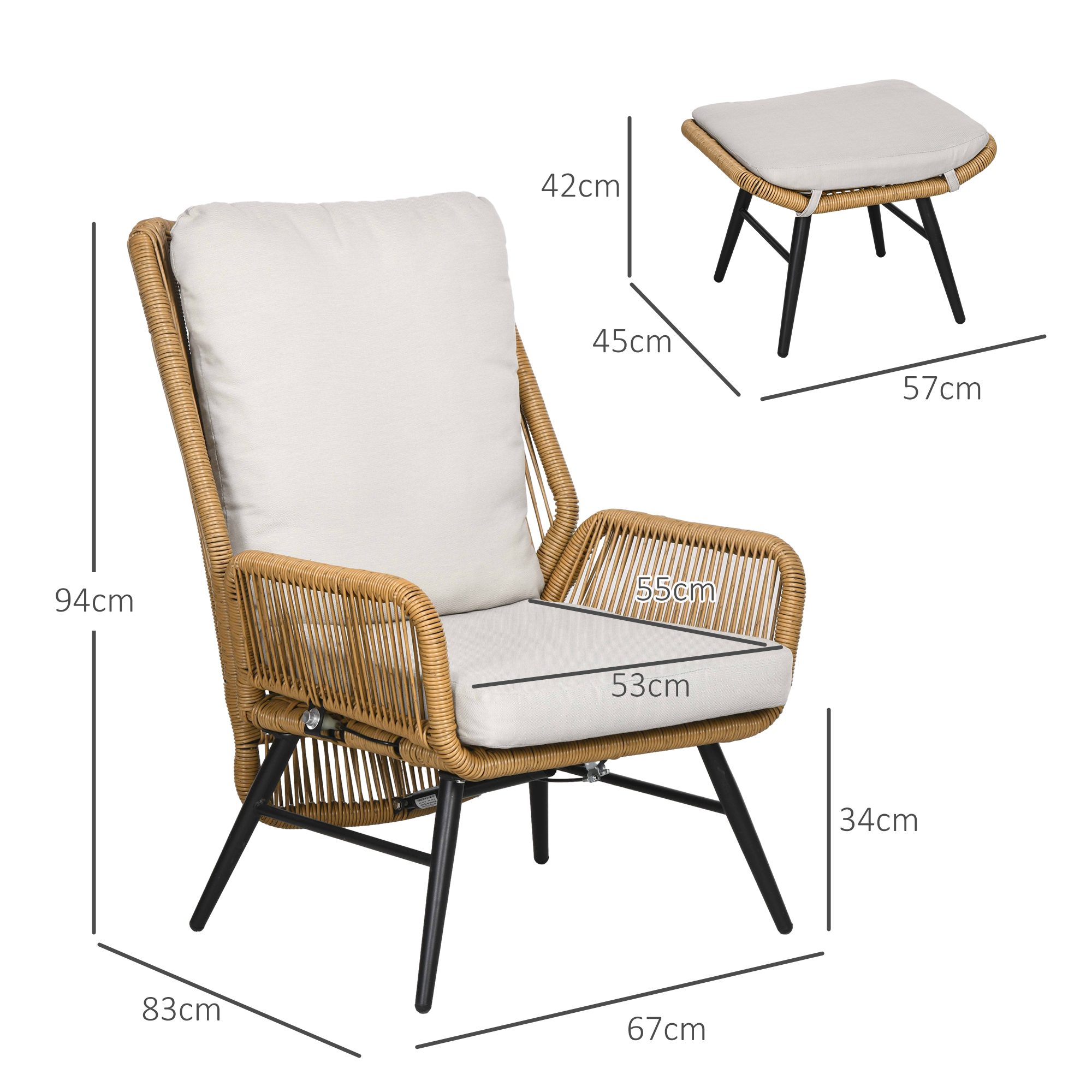 Outsunny Polyrattan Tuinstoel en Voetenbank, verstelbare leuning, Lichtbruin/Grijs/Zwart