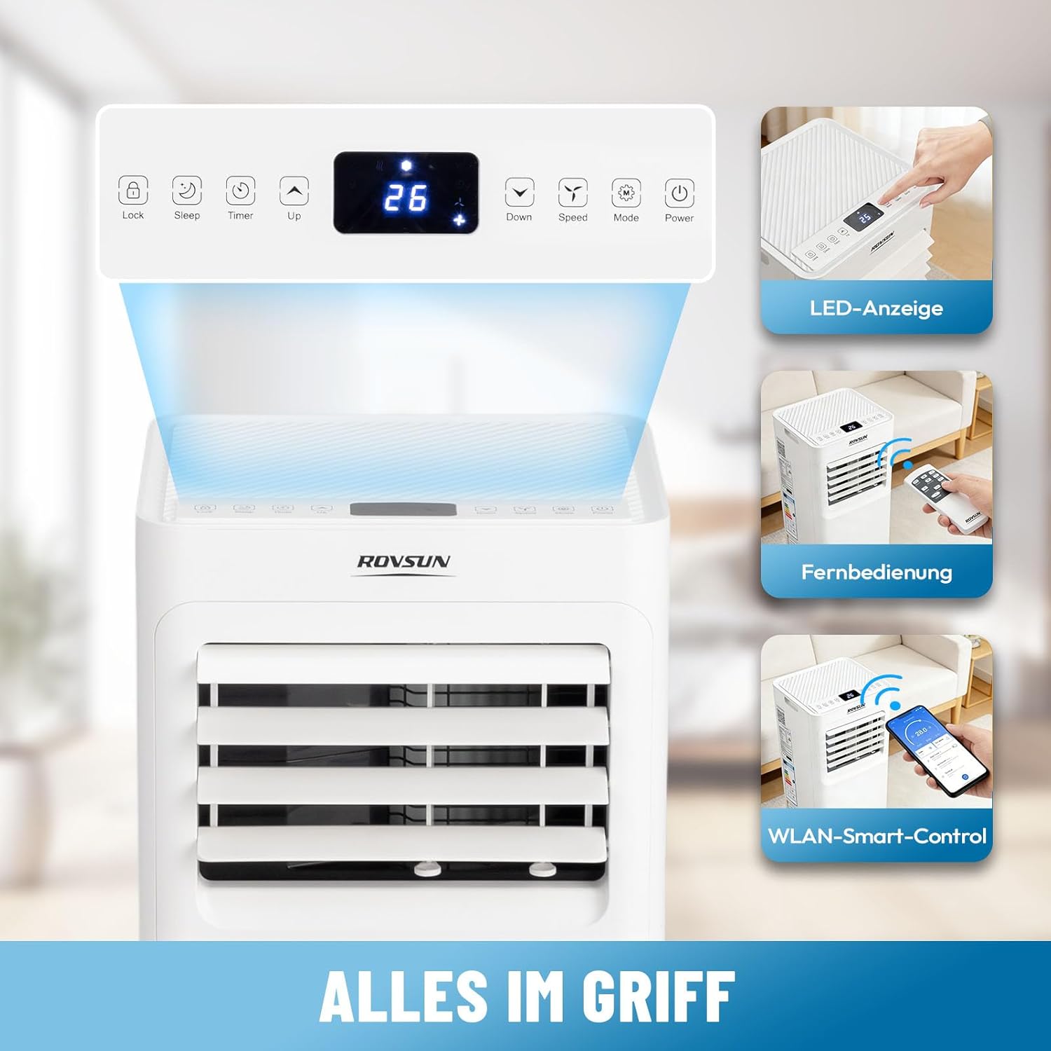 ROVSUN 3 in 1 Klimaanlage Mobil 9000 BTU mit Abluftschlauch, Moiles Klimagerät Mini Klimaanlage mit LED-Display & Fernbedienung & APP, 24H-Timer (9000, BTU)