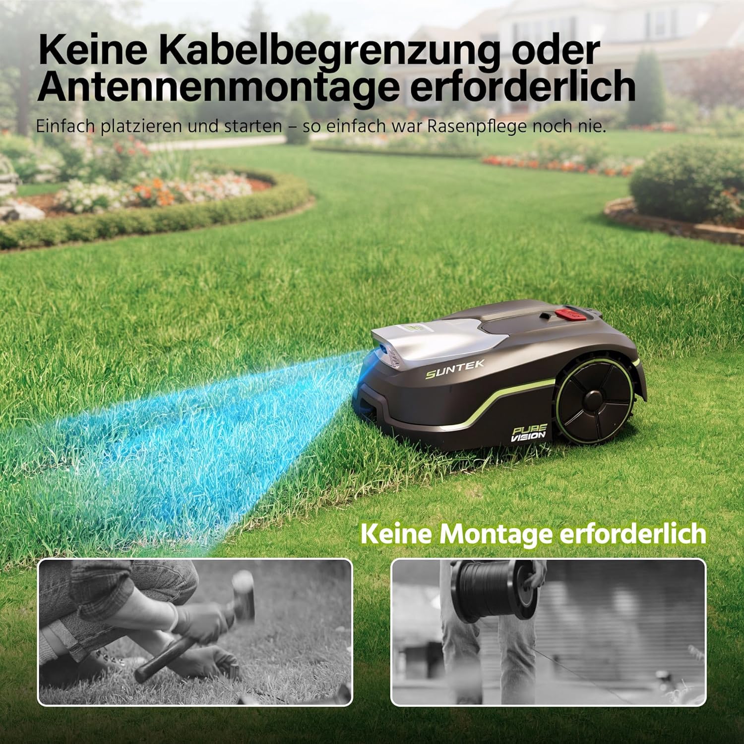 SUNTEK SRM2025 Mähroboter ohne Begrenzungskabel, KI Pure Vision Rasenmäher Roboter für 250 m² mit automatischer Kartierung, 35% Steigung, Wasserdichtigkeit IPX5, Automatische Kartierung mit Garage