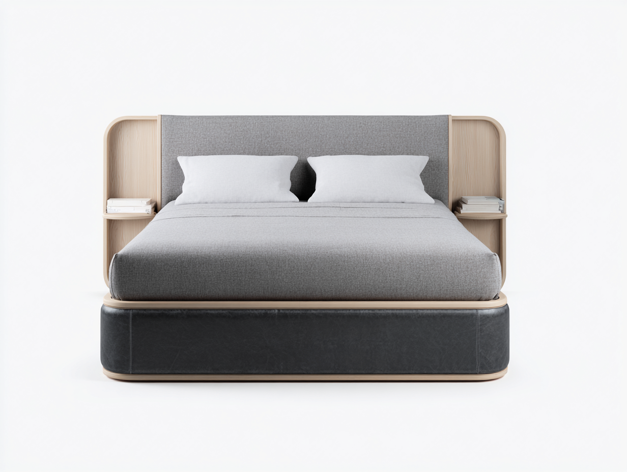 Doppelbett für Schlafzimmer mit Ablagefächern Kopfteil Holz und Leder 210x180x105 cm - Grau und Naturholz - Modernes Design