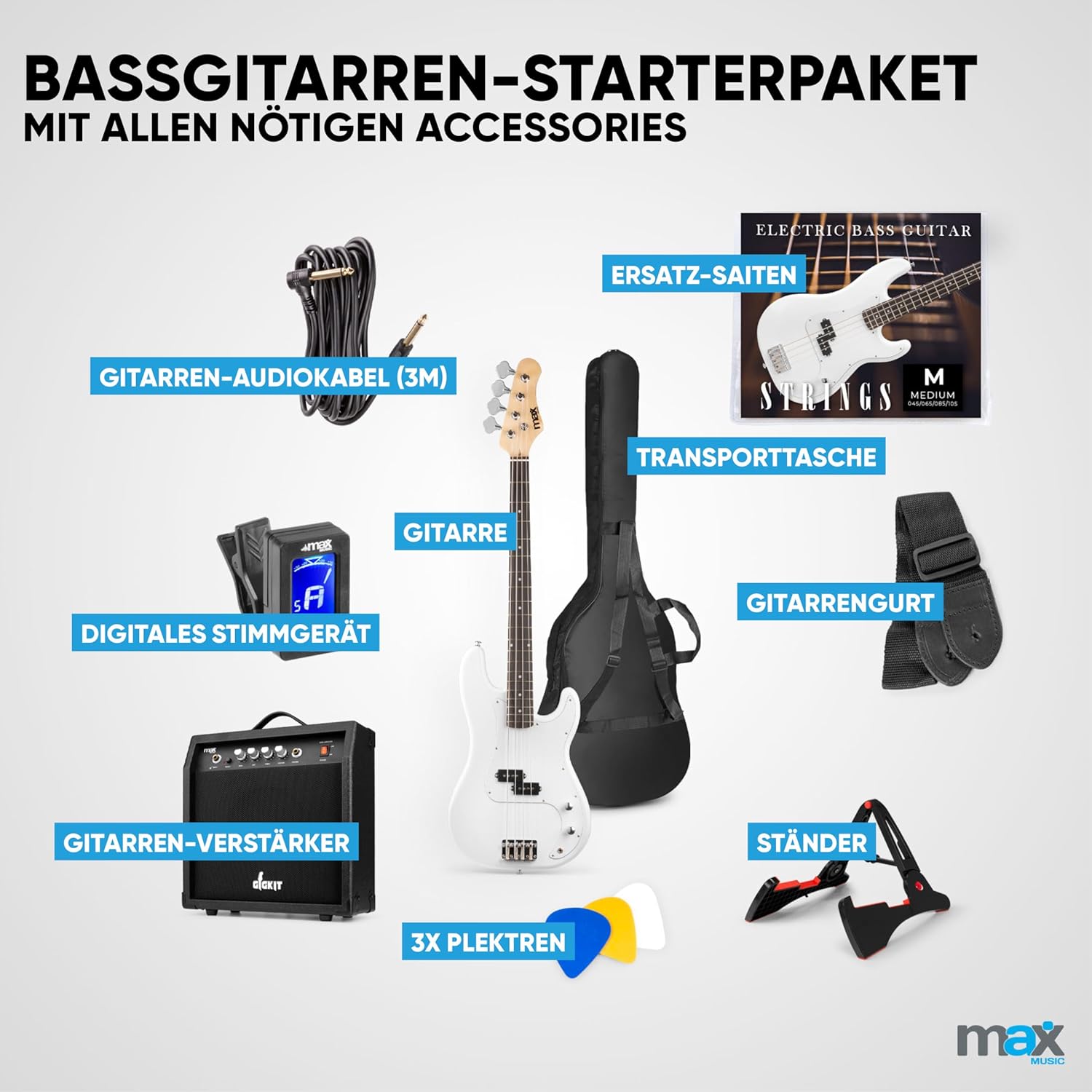 MAX GigKit Bassgitarre Set, E Bass Gitarre, Bass Guitar mit Gitarrenverstärker, Tasche, Stimmgerät, Plektren, Ständer, Gurt, Kabel und Ersatzsaiten - 21 Bünde - Weiß