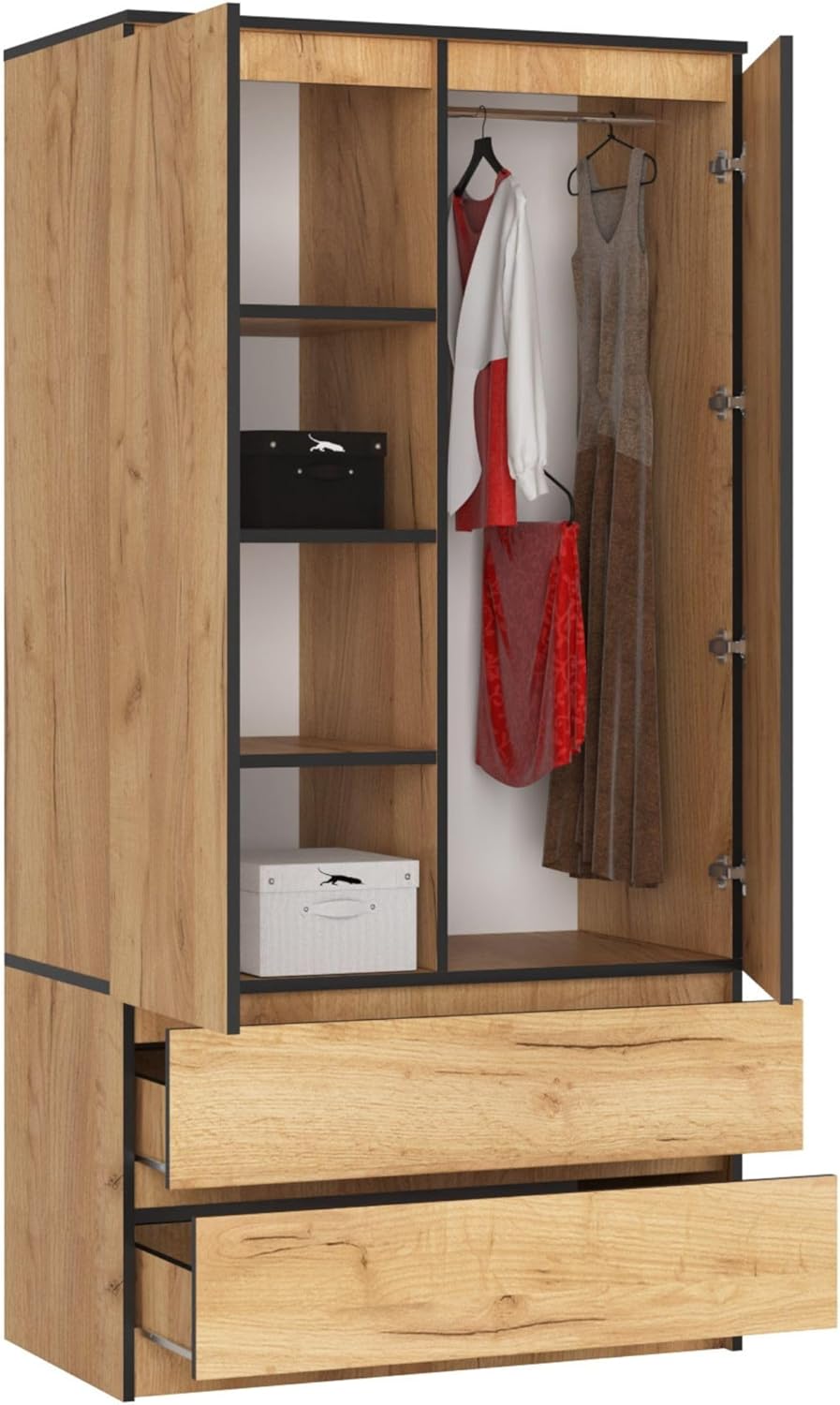 AKORD Zweitüriger Kleiderschrank S 90 cm 2 Schubladen mit Regalen und Einer Kleiderstange für EIN Schlafzimmer Kleiderschränke Minimalistischer Stil Schichtstoffplatte 16 mm | Eiche Craft
