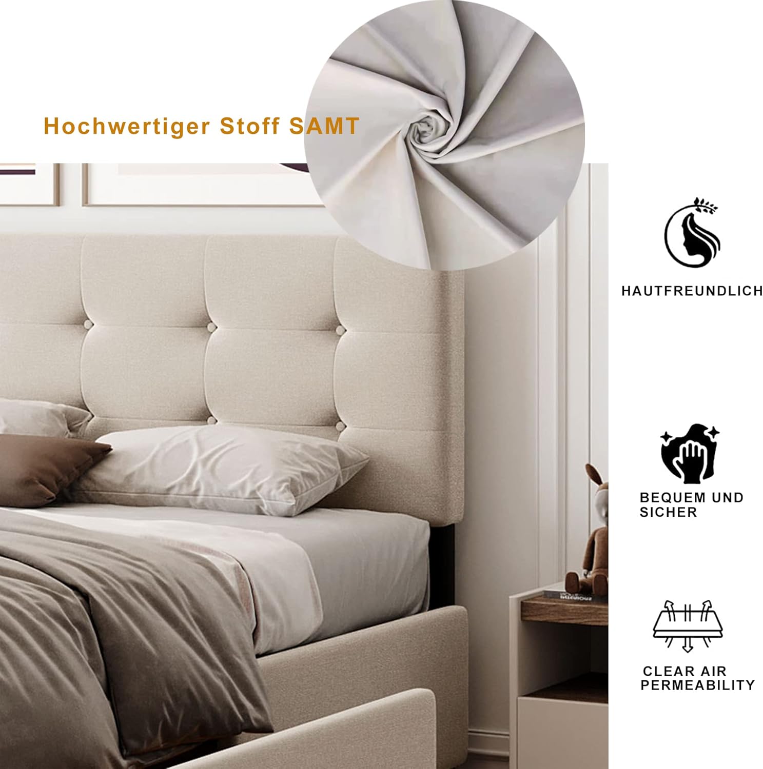Polsterbett Doppelbett 140x200 cm, Bett mit 4 Stauraum Schubladen und Kopfteil, Bettgestell mit Lattenrost und Metallrahmen, Samt, Beige, Ohne Matratze