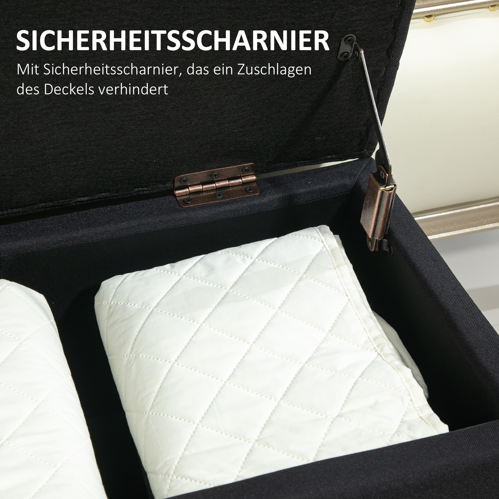 Zitbank met Opbergruimte, Halbank, Linnenachtig Polyester, Rubberhout, Zwart, 100 x 40 x 44 cm