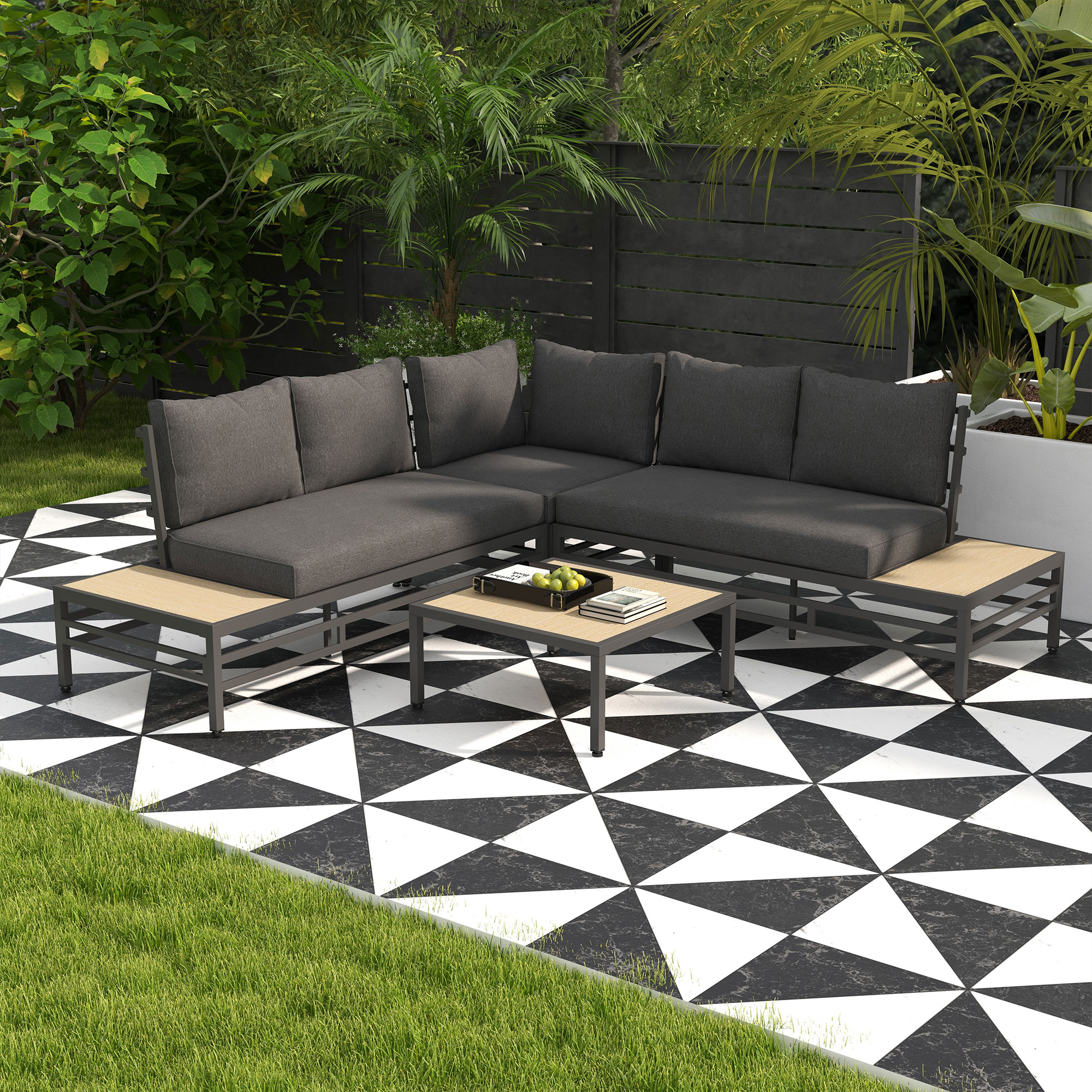 Tuinset Tuinmeubelset Lounge Set, 1 Salontafel, 2 Bijzettafels, 2 Banken, Donkergrijs + Lichtbruin + Zwart