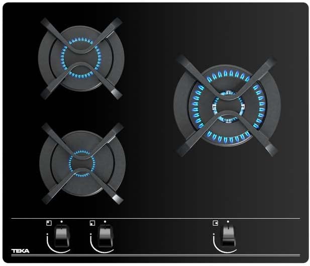 TEKA Placa de Gas Natural 60 cm, 3 Fuegos, Cristal Templado, Mandos Frontales Ergonómicos, Quemador Doble Anillo, Seguridad Termopar, Autoencendido, GBC 63010 KBN