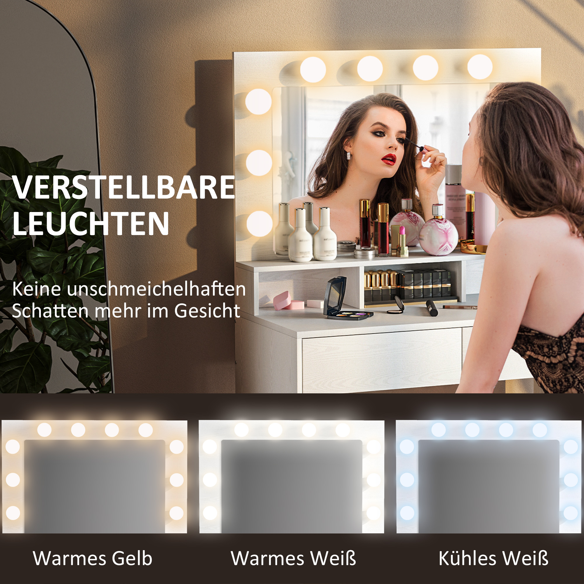 Kaptafel met Verlichte Spiegel, Laden, 3 Lichtopties, 10 Lampen, Hedendaagse Witte Make-uptafel