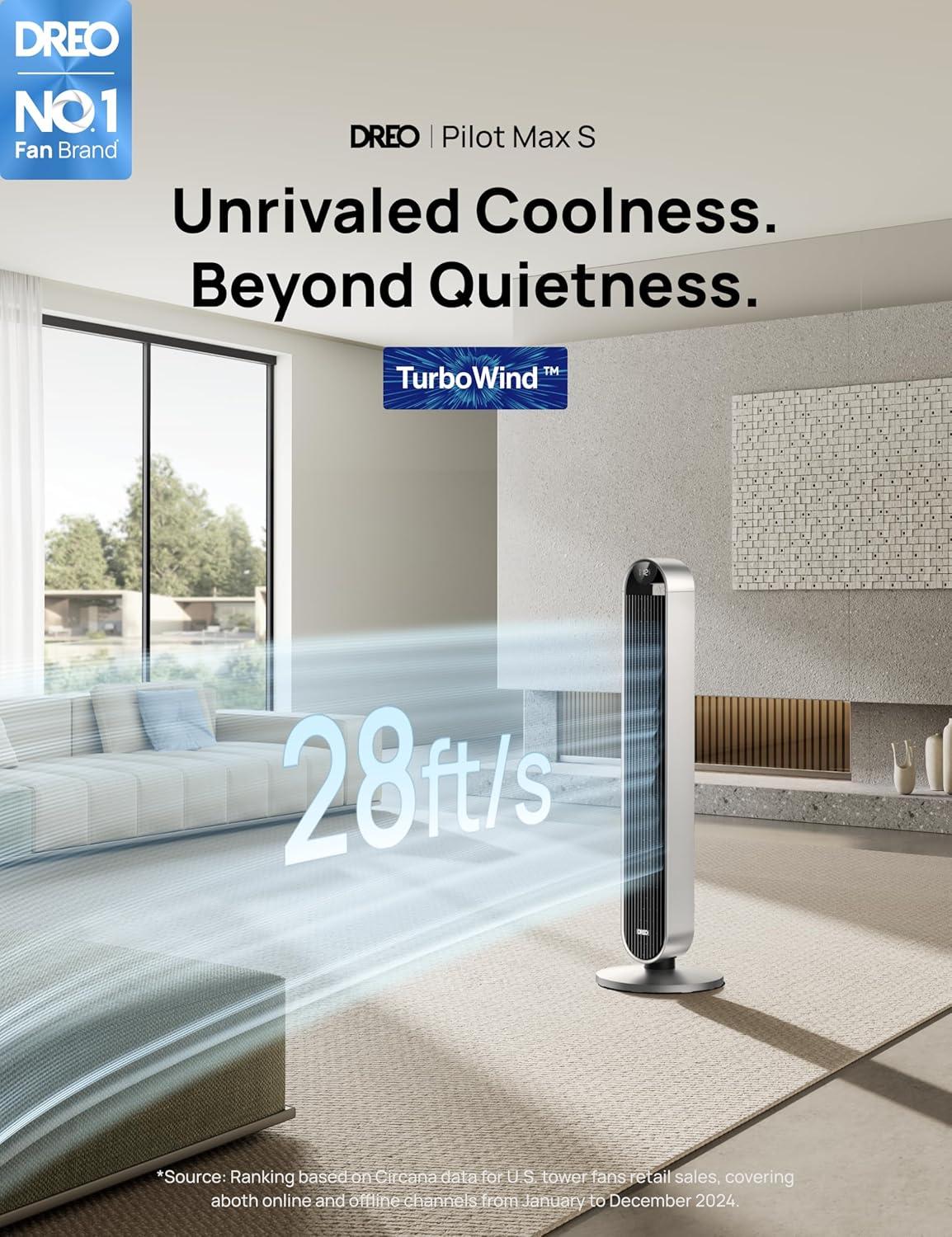 Dreo 25dB Stille Slimme Torenventilator met Spraakbesturing, WiFi Alexa Ventilator, APP Bediening, 120�� Oscillerende Staande Ventilator, 12 Snelheden, 4 Modi, 12-uurs Timer, Pilot Max S