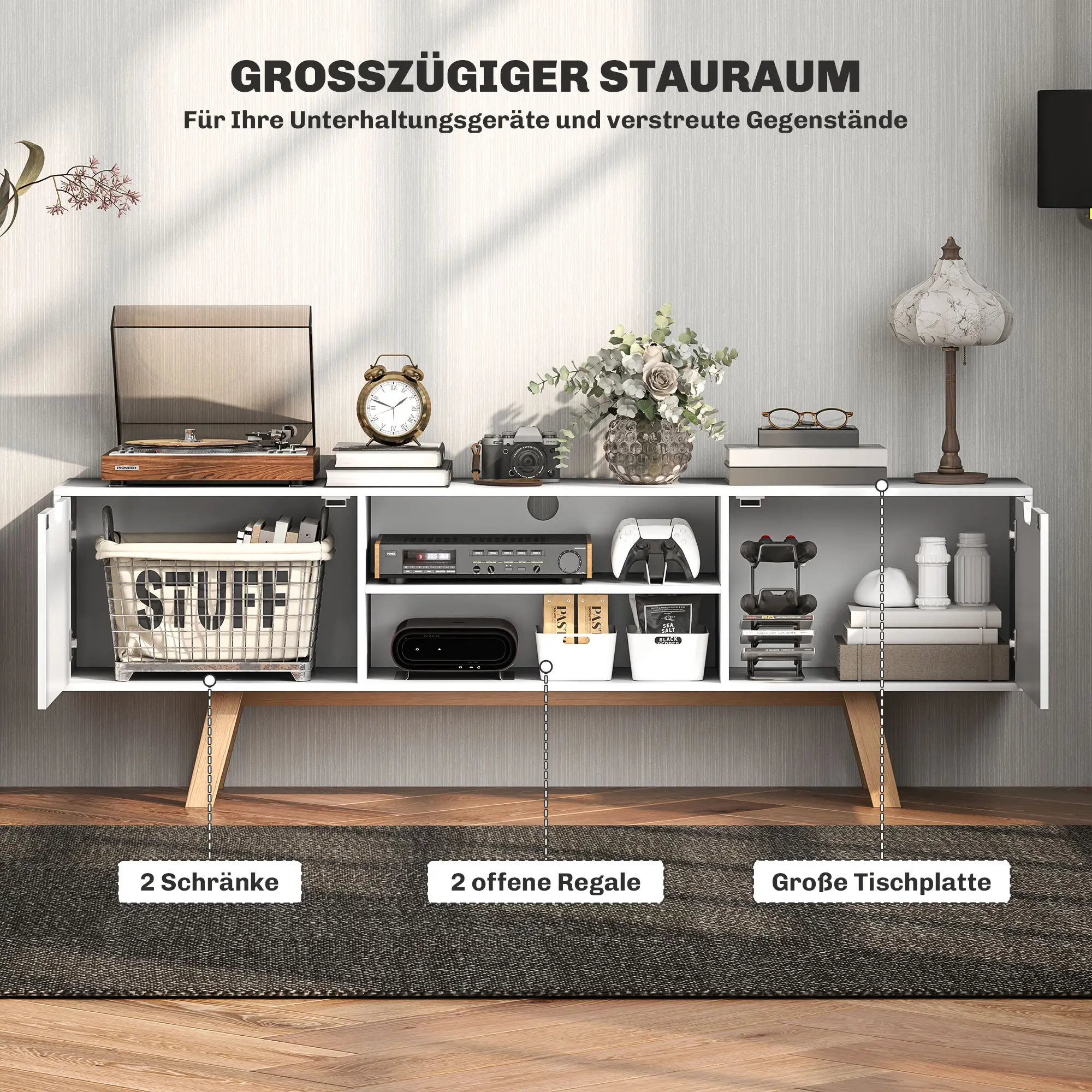 HOMCOM TV-meubel 65 inch met kabelbeheer en 2 kasten Wit