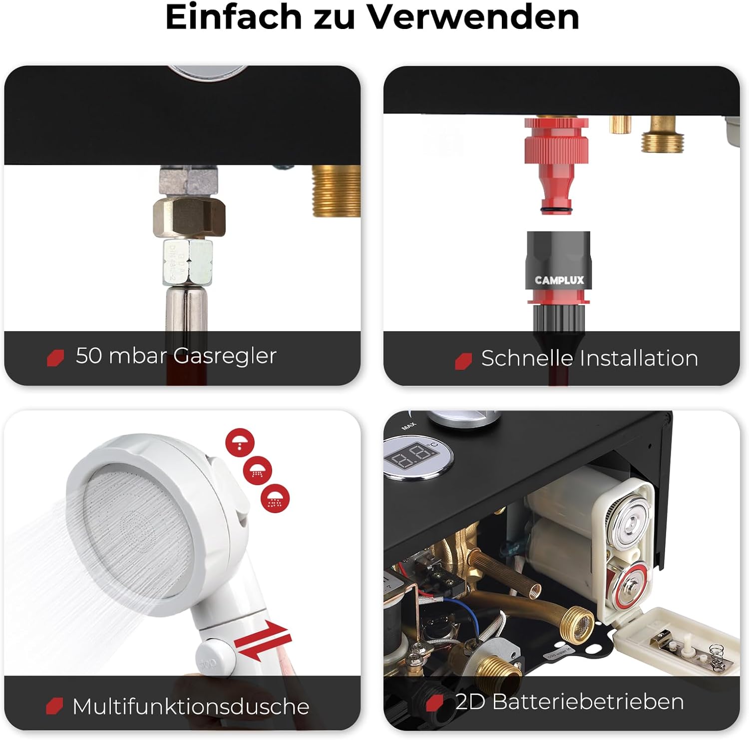 CAMPLUX BW158BC-DE Tankless Gasdurchlauferhitzer mit Regenhaube, Tragbar LPG Durchlauferhitzer, 6 Liter, 12kW, 50mbar, Campingdusche