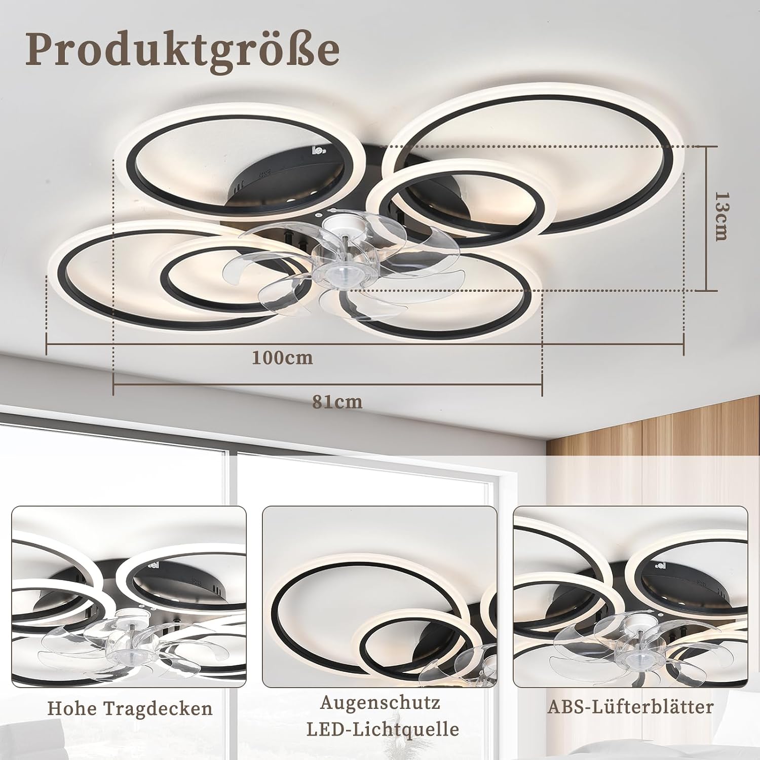 Deckenventilator Mit Beleuchtung Und Fernbedienung,85W,6800LM Lampe Mit Ventilator,100cm Led Dimmbar Deckenleuchte Mit Ventilator,6-Gang Ceiling Fan with Light Für Schlafzimmer Wohnzimmer,Schwarz