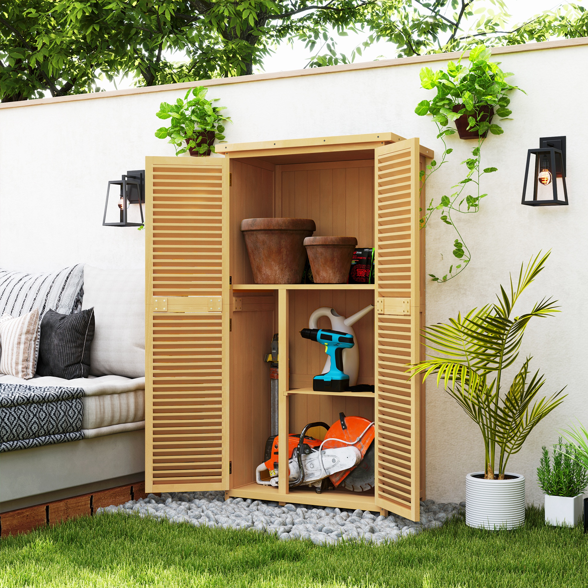 Outsunny Weerbestendige Tuinkast, 2 Deuren met Slot, Grenenhout, 87L x 46,5B x 160H cm, Lichtgeel