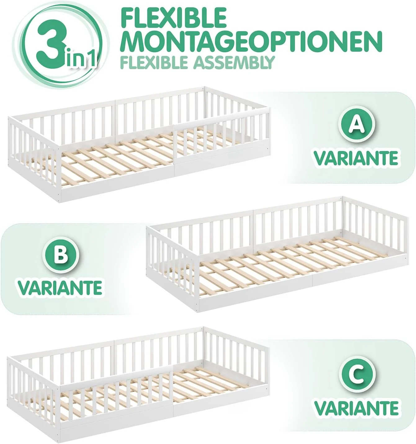 CADANI Timi 2-in-1 Vloerbed 140x200 cm Montessori Kinderbed met uitneembare valbeveiliging incl. lattenbodem, massief grenenhout, wit - 3 opbouwmogelijkheden, belastbaar tot 200 kg, ombouwbaar