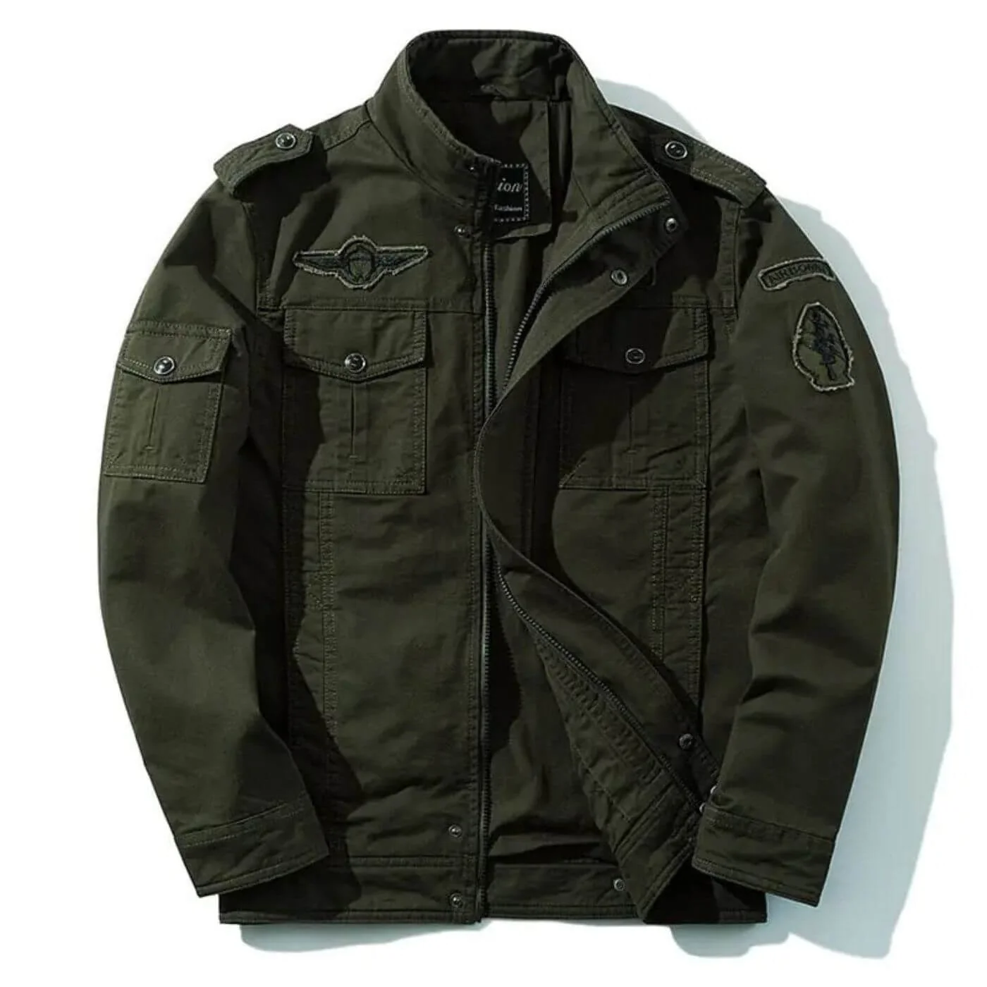 Herren Milit?rjacke aus Baumwolle - Strukturierte Cargo Jacke mit Stehkragen und Rei?verschluss - Robuste ��bergangsjacke