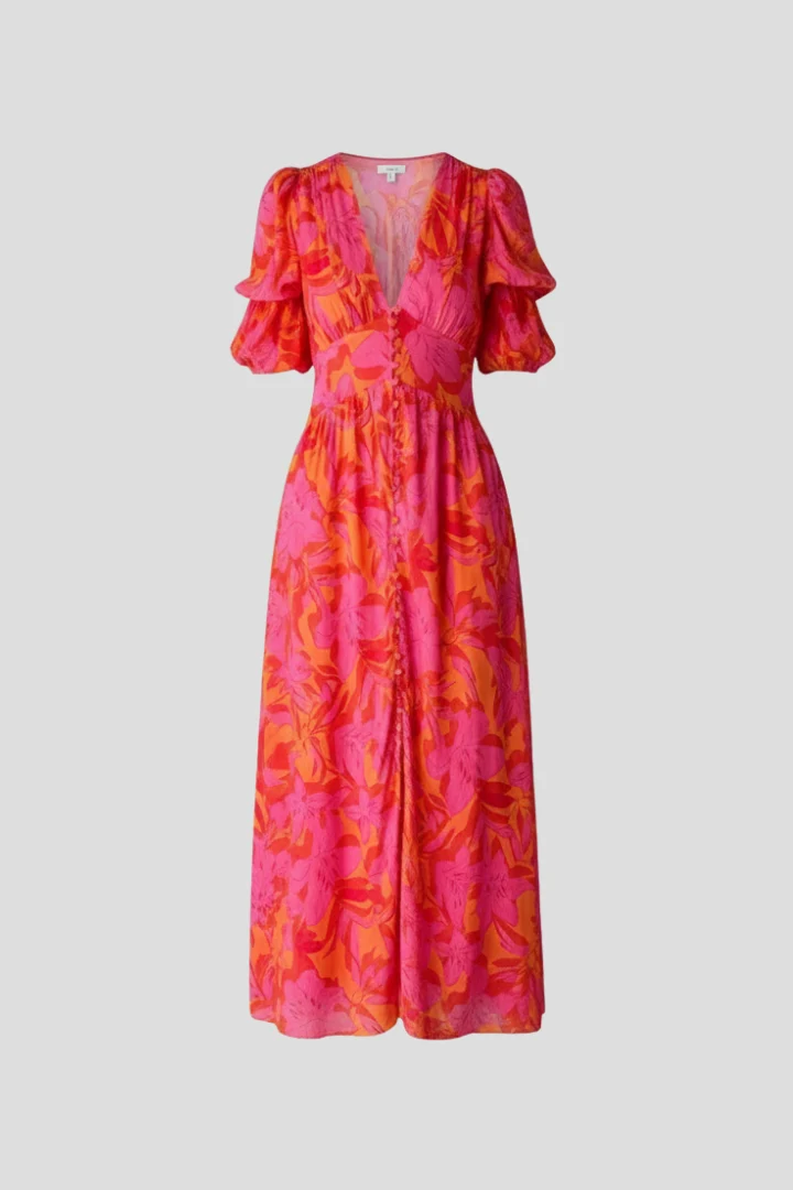 Maxikleid Damen mit V-Ausschnitt und Puff?rmeln | Bodenlanges Kleid mit Taillennaht und Allover-Print f��r jeden Tag