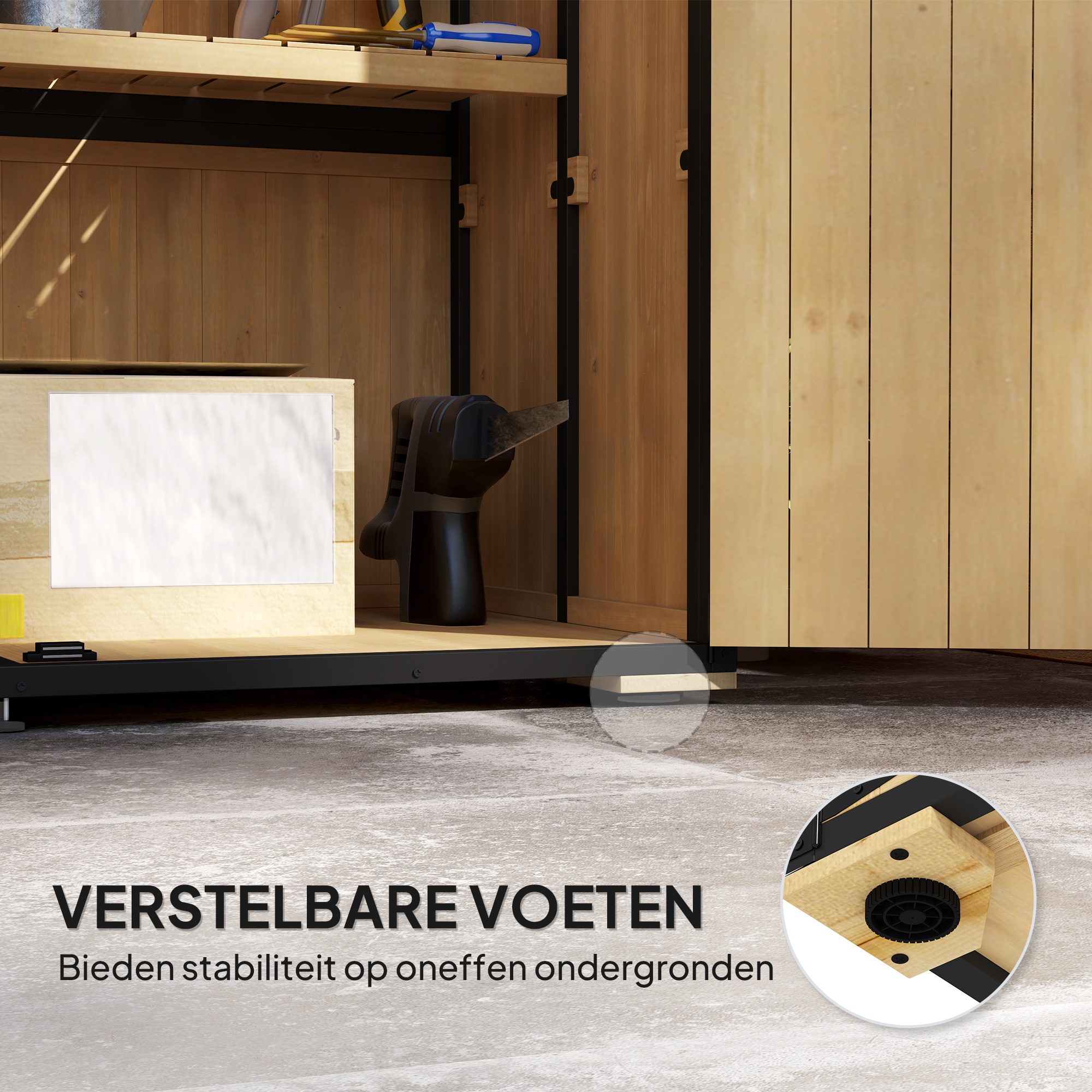 Outsunny Houten en Stalen Tuinkast, Buiten Gereedschapskast met Asfaltdak, 2 Planken, Afsluitbare Deuren, Natuurhout