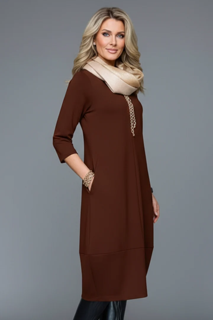 Midikleid Damen mit Taschen | A-Linie Kleid mit Rundhals und 3/4 Arm | Bequemes Freizeitkleid mit strukturierter Oberfl?che