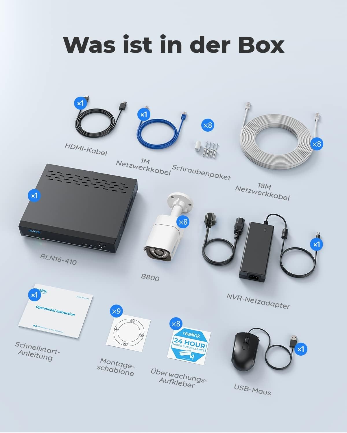 Reolink 4K Überwachungskamera Set, Videoüberwachung mit 8X 8MP PoE IP Kamera und 16CH 4TB HDD NVR, Personenerkennung und Fahrzeugerkennung, IP66, 30M IR Nachtsicht für Aussen, Innen, RLK16-800B8