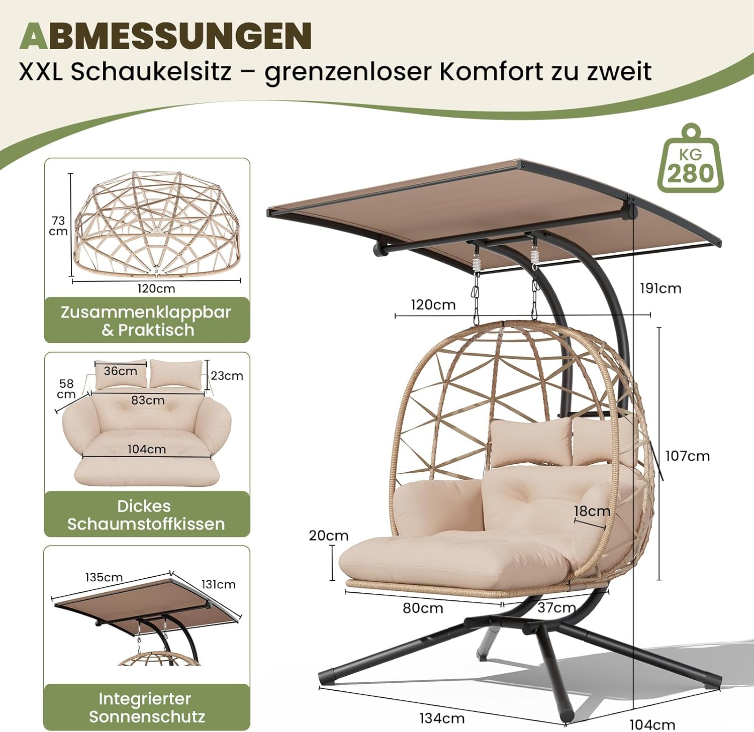 UDPATIO Hängesessel Outdoor mit Gestell, Hängeschaukel mit Sonnendach & Fußablage, Hängestuhl bis 280KG für 2 Personen, Verstellbare Kuppel & Dicke Kissen, Schaukel Sessel Garten, Balkon, Beige