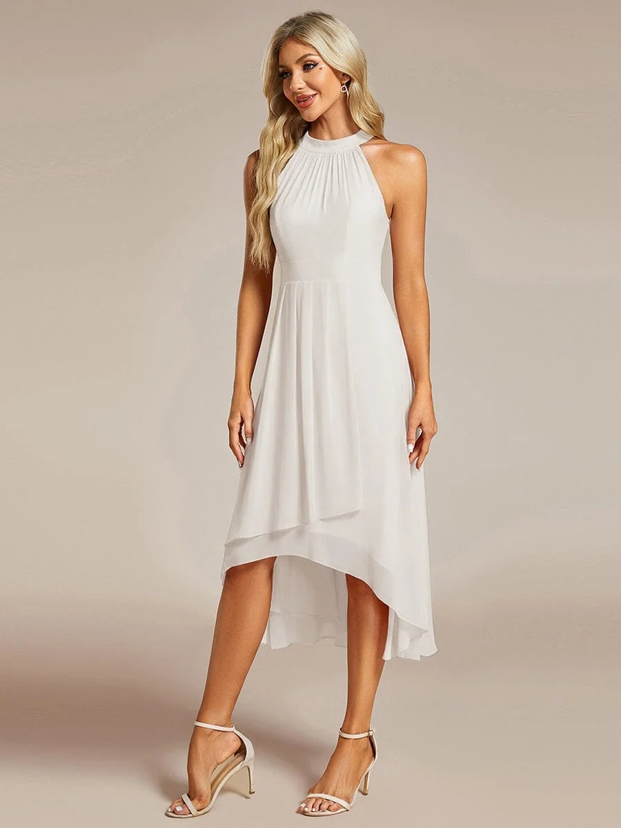 Damen Chiffon Midi-Kleid in A-Linie | Festliches Halterneck Kleid mit Plissee-Details | Sommerliches Kleid f��r Hochzeitsg?ste