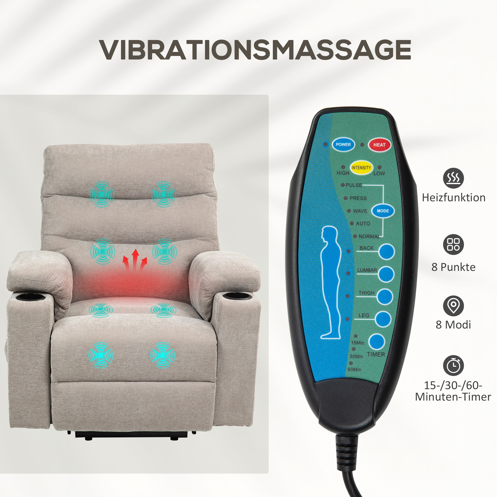 Massagestoel met Opsta-functie, 8 Vibratiemassagepunten, Elektrische Ligstoel met 2 Afstandsbedieningen Lichtbruin