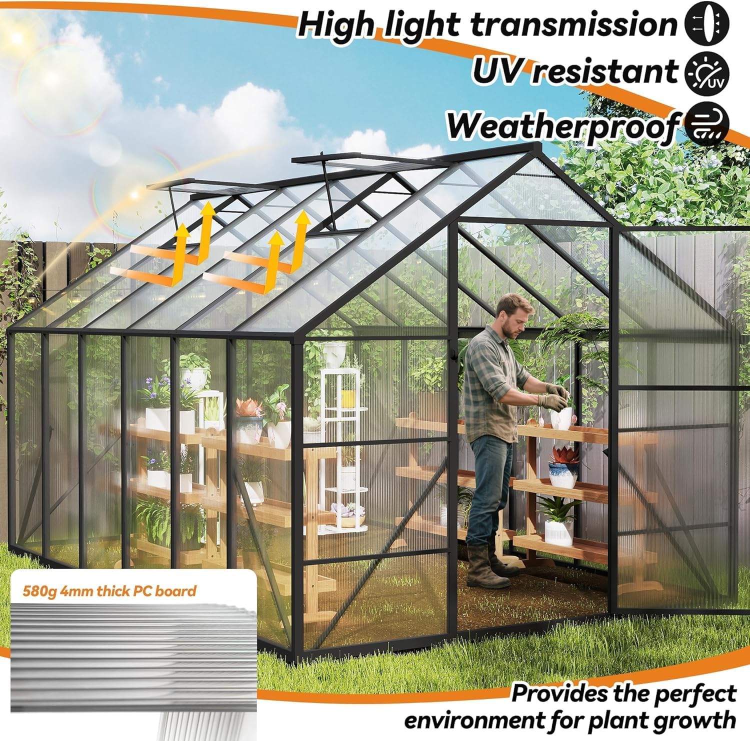LZQ Gartengewächshaus Aluminium mit Fundament 380x250x205 cm Gewächshaus Pflanzenhaus mit Schiebetür und Dachfenster Treibhaus Gartenhaus Winterfest Aufzucht Tomatenhaus (8x12 ft)