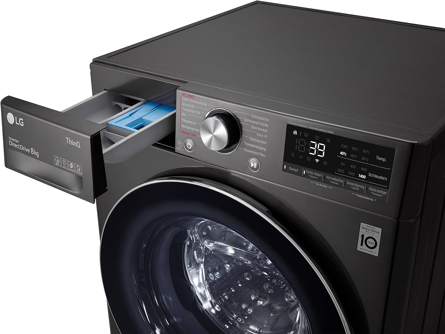 LG F4WV7080, Klasse A, Frontlader-Waschmaschine 8 kg, 1400 U/Min, AI Direct Drive, Wi-Fi, Tiefenreinigung mit Dampf, Groe Kapazitt, TRIPLE A, Auentür aus Sicherheitsglas, 62 x 60 x 85 cm Wei
