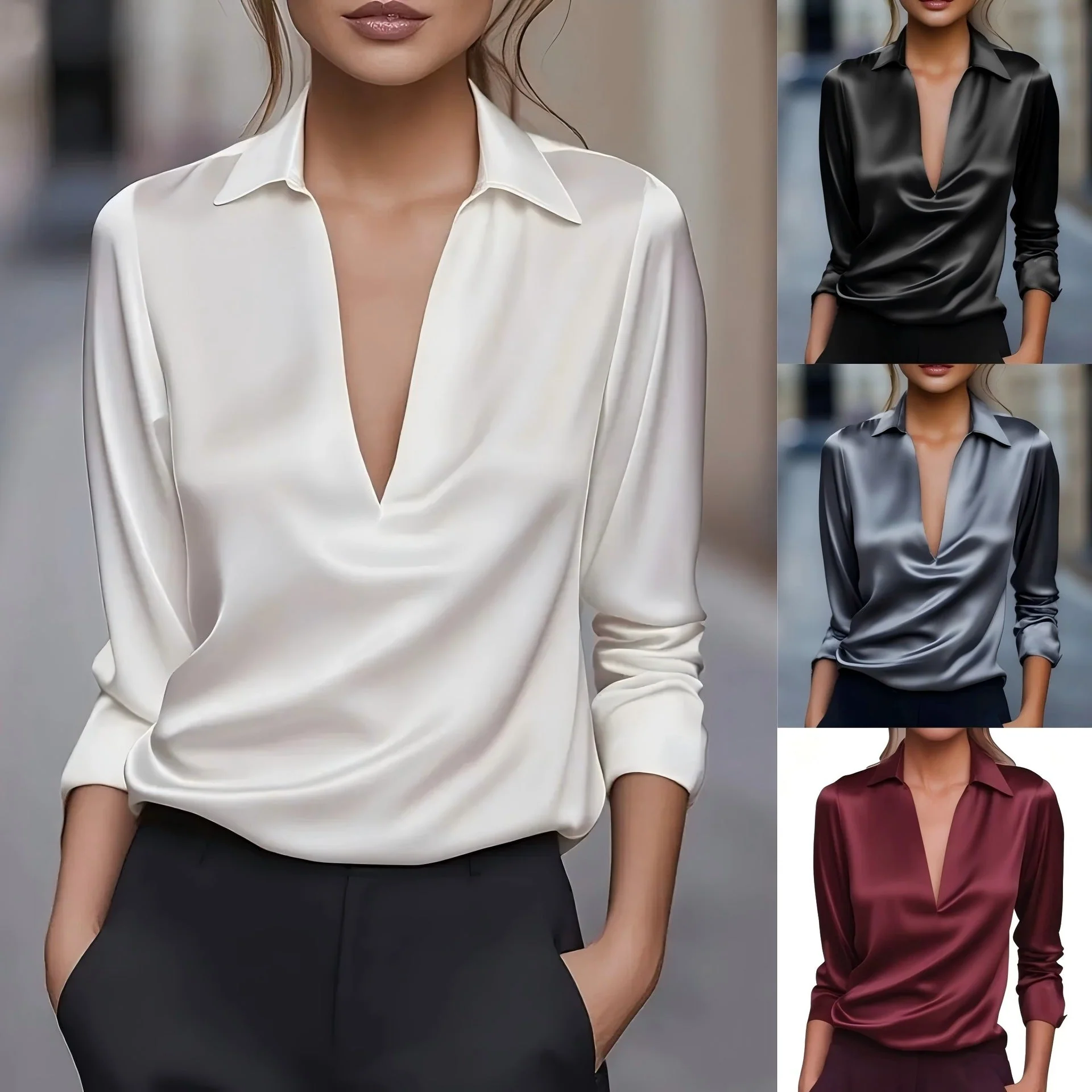 Damen Stilvolle, vielseitige Bluse im Satin-Look mit V-Ausschnitt