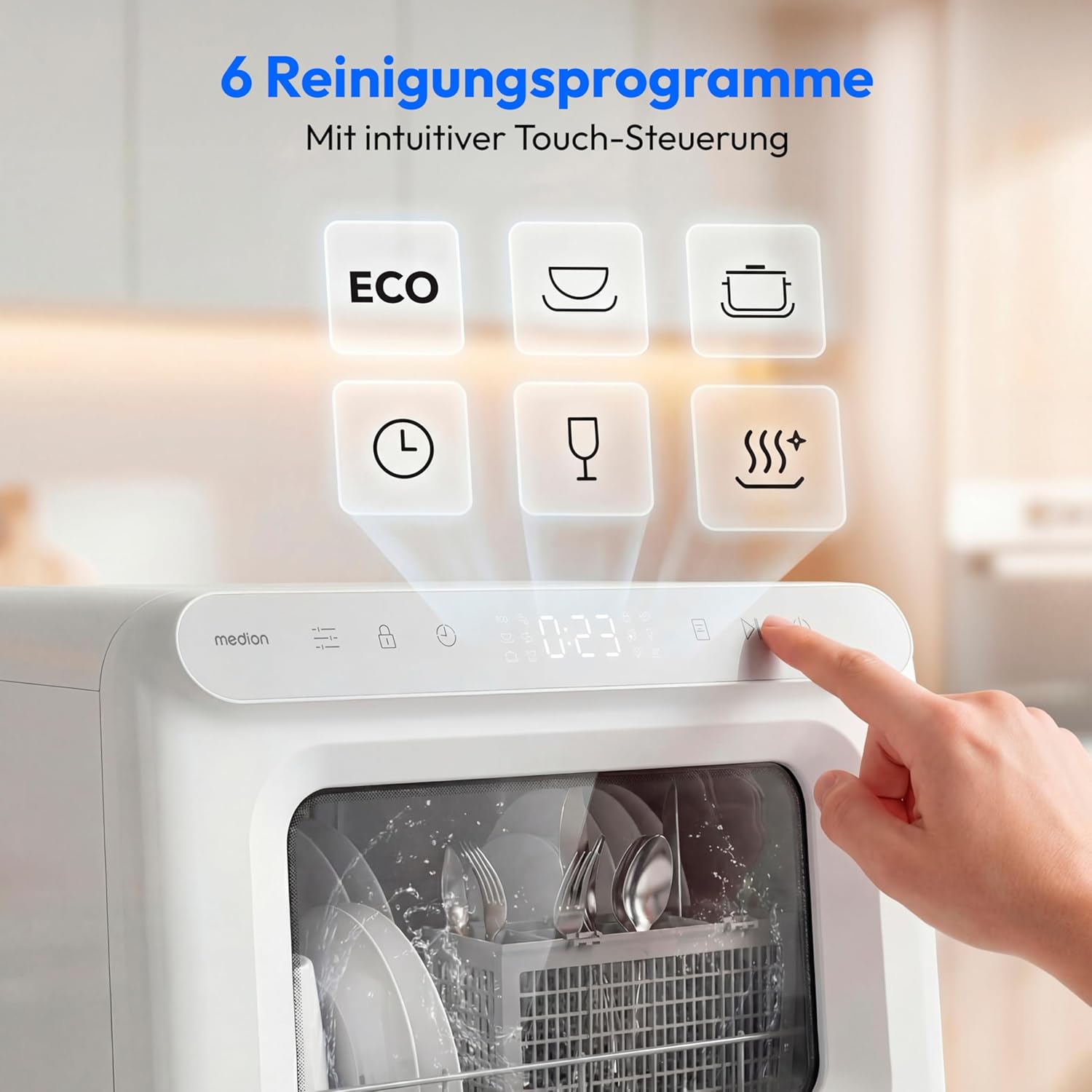 MEDION Mini Geschirrspüler DWT30, 3 Maßgedecke, Tischgeschirrspüler, funktioniert mit/ohne Wasseranschluss, 6 Programme, UV-Licht, Lüfter-Trocknung, Touch-Display, freistehend, MD370022