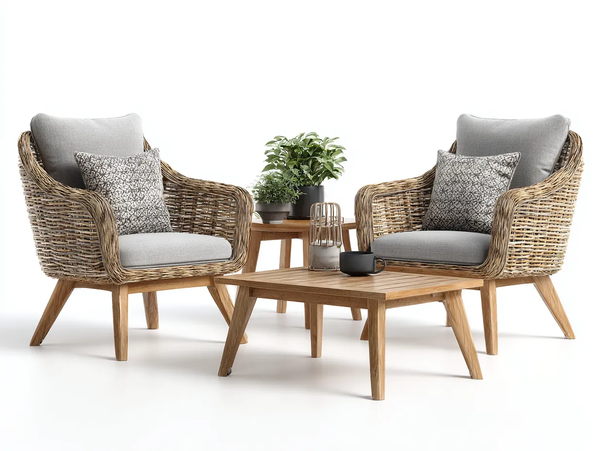 Garten Lounge Set - Rattan-Holz-Stoff - 74 x 54 x 40 cm - Naturbeige-Grau - Skandinavischer Stil