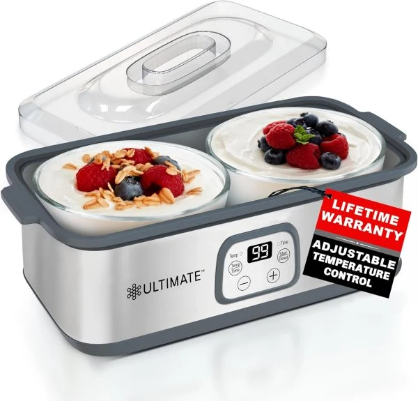 Máquina para hacer yogur probiótico Ultimate con dos recipientes de 1 cuarto para grandes cantidades – Produce trillones de probióticos vivos con control ajustable de temperatura y tiempo – Mejor yogurtera para yogur griego – GARANTÍA DE POR VIDA