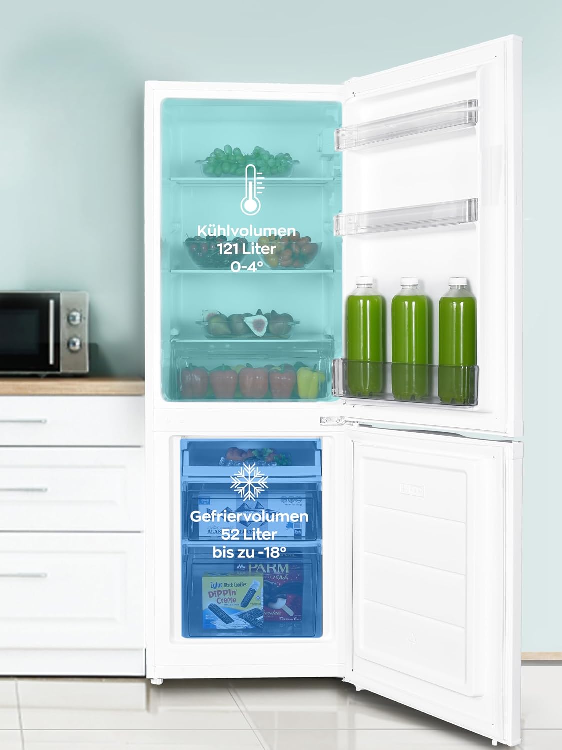 Heinrich´s Kühlgefrierkombination 173L Gesamtvolumen, 121L Kühlvolumen, 52L Gefriervolumen, LED Beleuchtung,Türanschlag wechselbar, leise 40dB, große Tiefkühlboxen, 7Temperaturstufen,(weiß)