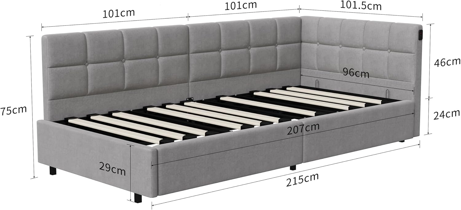 Einzelbett 90x200 mit Stauraum, Polsterbett mit LED/USB, Bettgestell mit Lattenrost und kopfteil, Bettrahmen für Jugendliche, Samt (Grau, 90 x 200 cm)