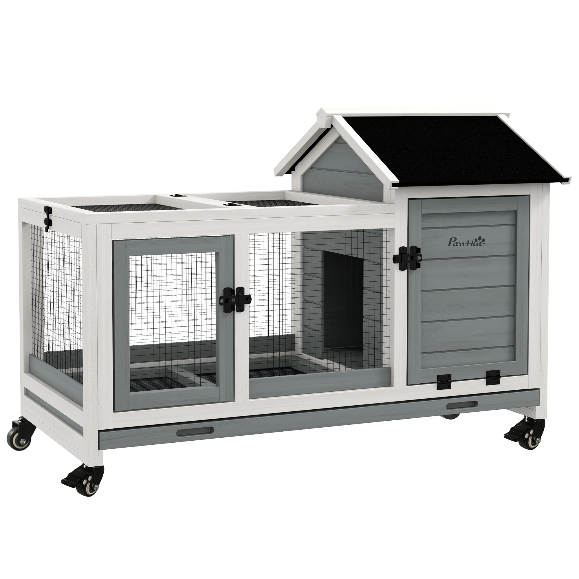 PawHut Konijnenhok, Kleine Dierenhok voor Dwergkonijnen, Cavia's, met Wielen, 108 x 58 x 73,5 cm, Grijs