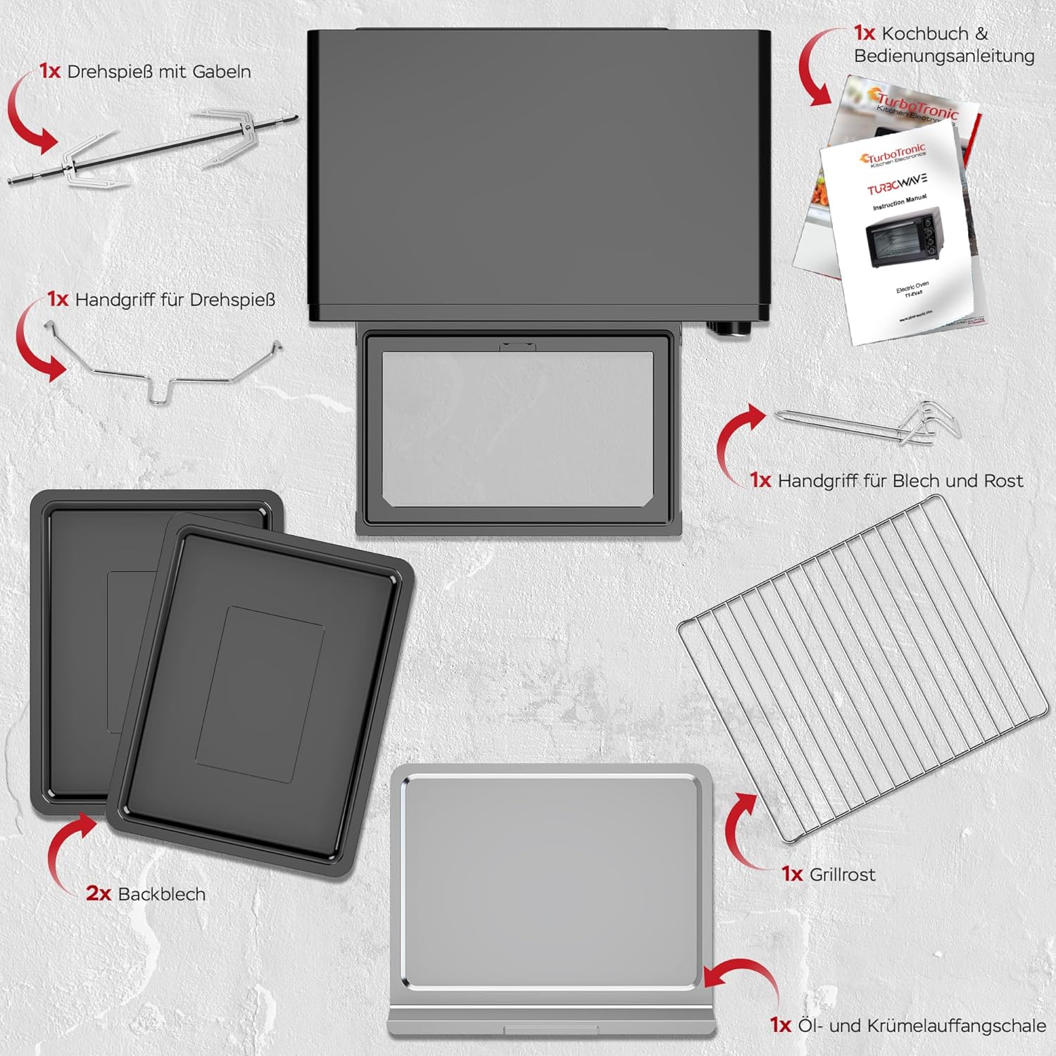 TurboTronic Minibackofen mit Umluft 45L schwarz 2000W, Drehspieß, Timer, Mini Backofen, Pizzaofen, 2 Backbleche, Grill