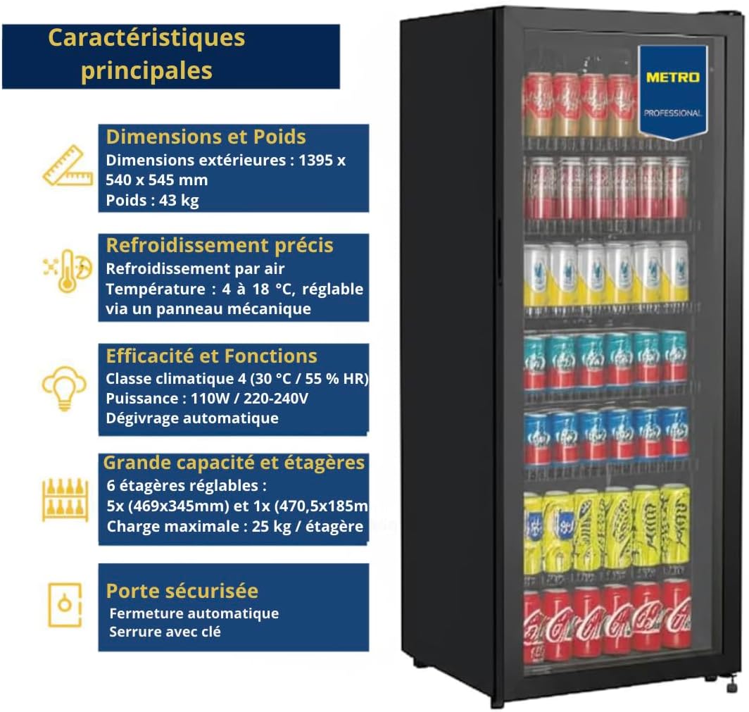 METRO Professional Réfrigérateur à Boissons GSC4240B, Métal/Verre, 54 x 54.5 x 139.5 cm, 237 L, Refroidissement Statique, 110 W, avec Serrure, Restauration, Noir