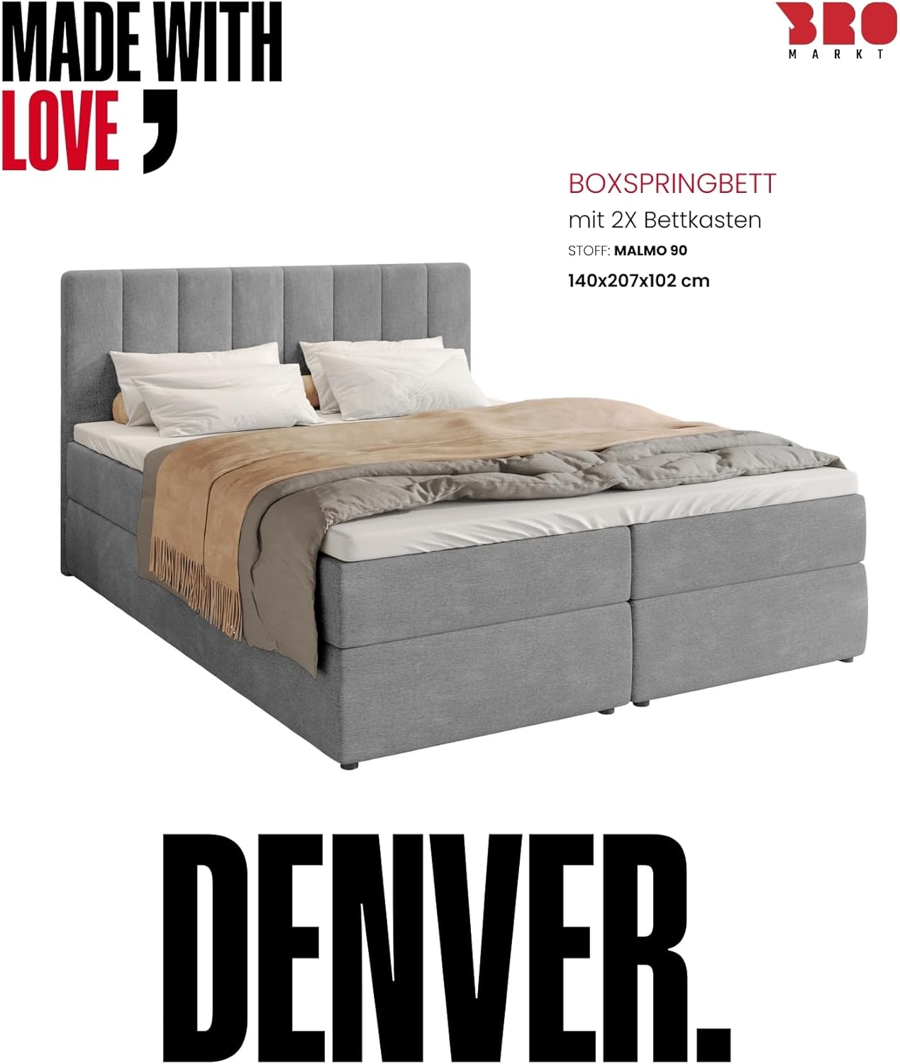 BROMARKT Boxspringbett mit Bonell Matratze Härtegrad H3 140x200cm Polsterbett mit Bettkasten Doppelbett mit Topper gepolsterte Kopfstütze Bett für Schlafzimmer Denver Hellgrau
