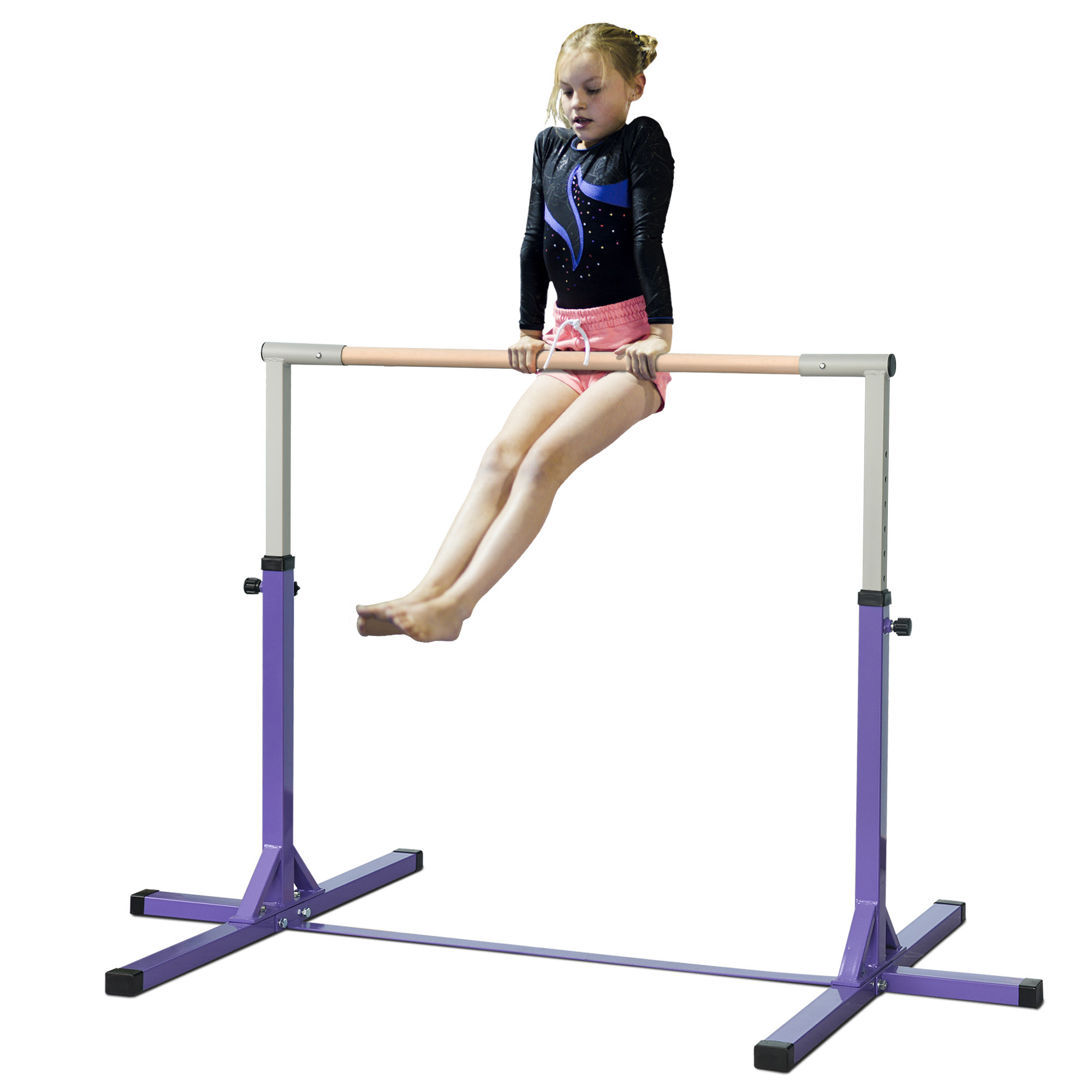 Gymnastiek-Turnrek, Rekstang, 13 in hoogte verstelbaar, tot 75 kg belastbaar, Staal, Beukenhout, Paars