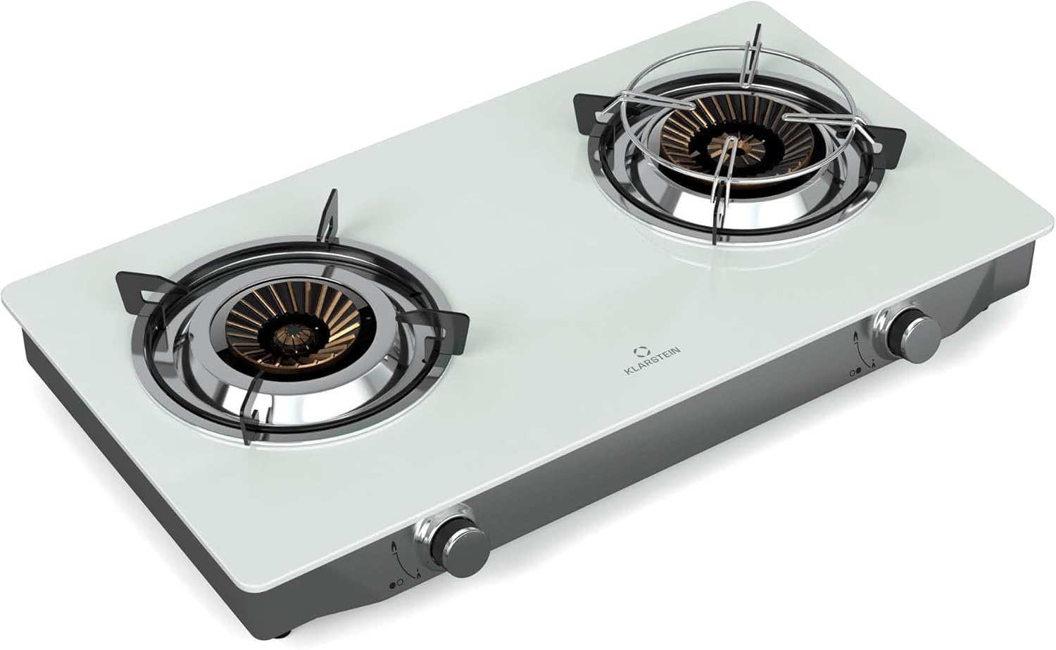 Klarstein Barzona Gaskochfeld, 2-Brenner Edelstahl & Glas, 7,7kW, Tragbarer Campingkocher mit Piezo-Zündung & Flammenausfallsicherung, Kompaktes und Tragbares Design, Weiß