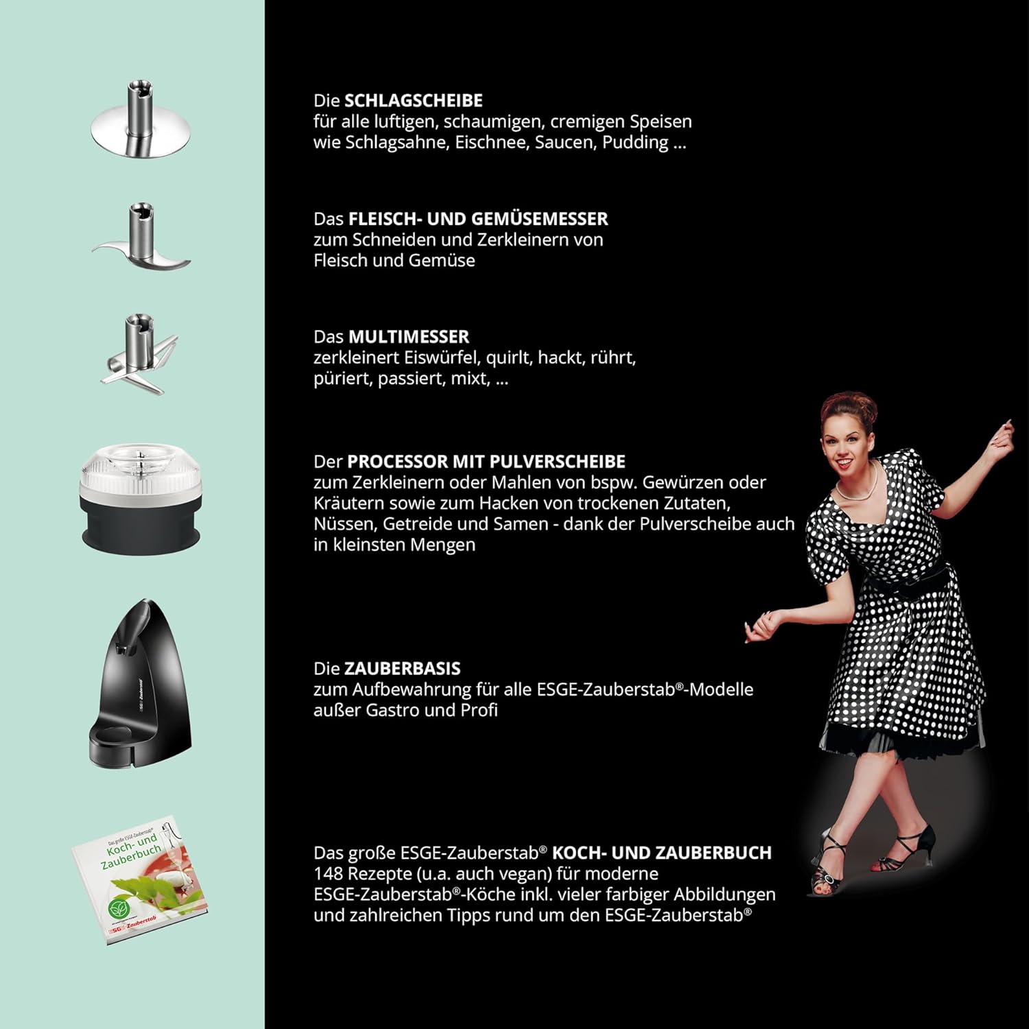 ESGE-Zauberstab® Petticoat Edition 99205, ESGE Zauberstab M 180 Jubiläum – Hochleistungsmixer mit 2 Geschwindigkeitsstufen (11.500/16.000 U/Min), Ergonomischem Griff & Robustem AC-Motor